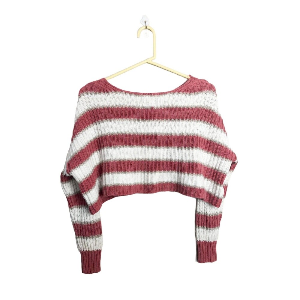 American Eagle Striped Knit Cropped Sweater Pink Cream Small Womens